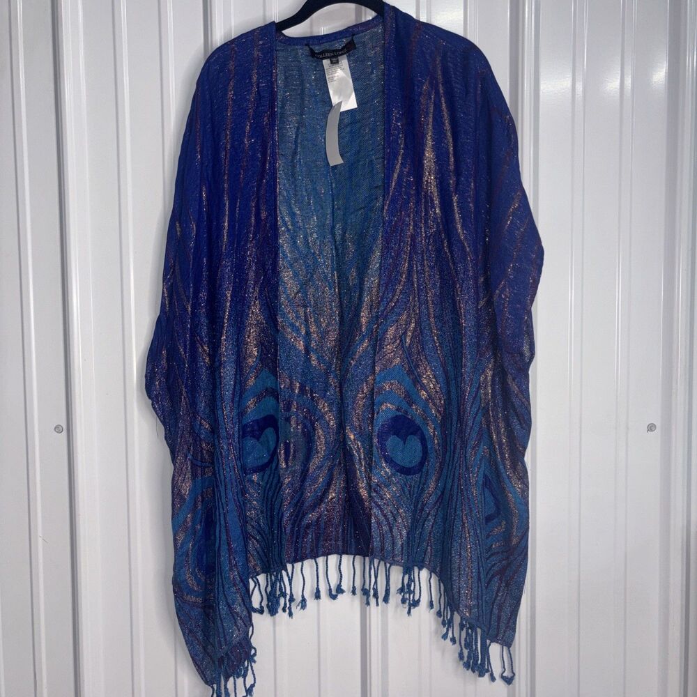 Metallic Gold, Blue, Purple Peacock Fringe Shawl by Colleen Lopez M/L NWT